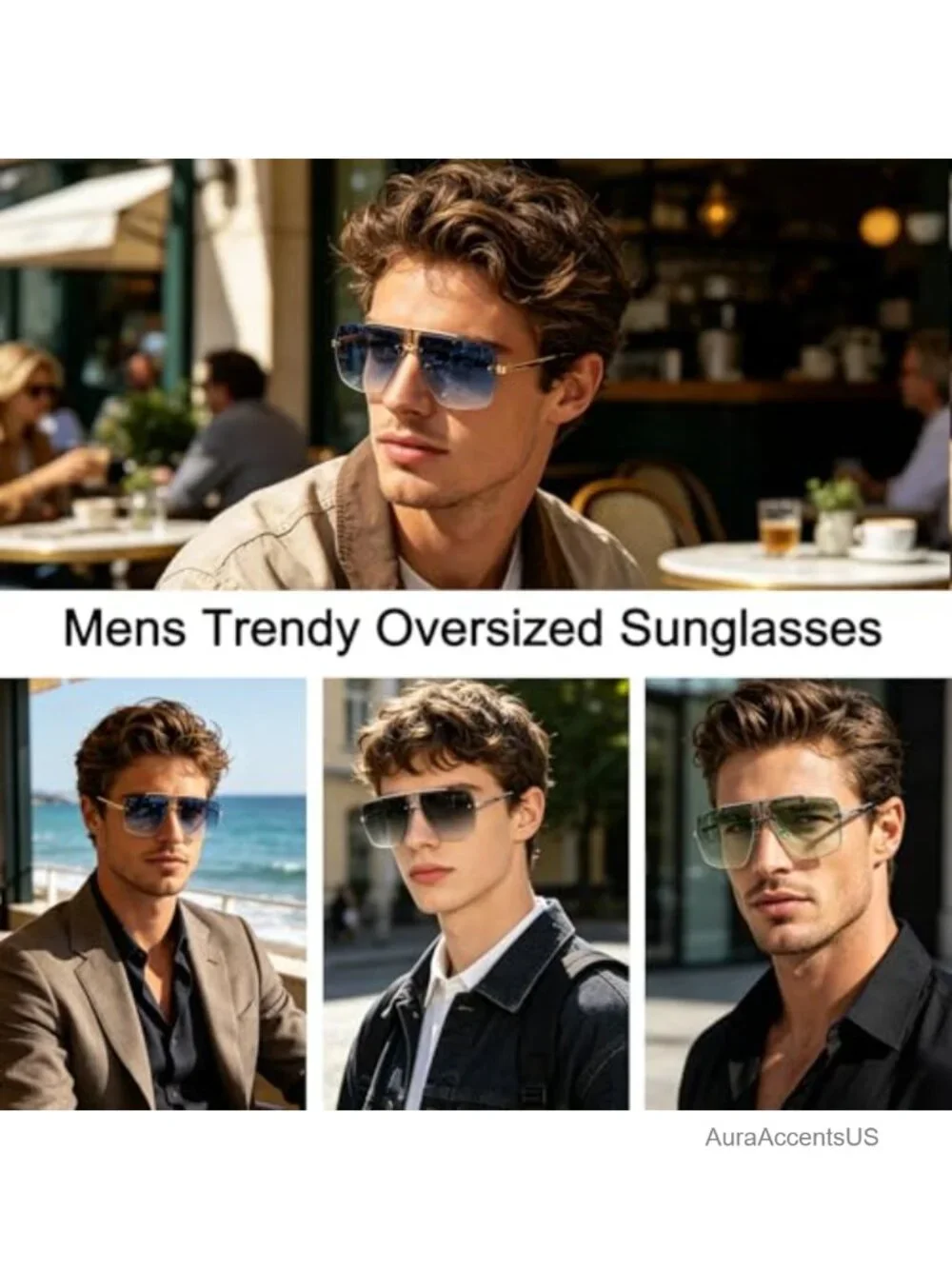 Rimless Oversized Square Sunglasses Gold Metal Frame UV400 Unisex